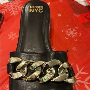 Wide 11 Black Slide Platform Sandals with Gold Chain